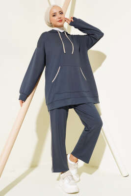 Loyşa Şerit Detay Kapüşonlu Tunik Takım Füme - NESSİA