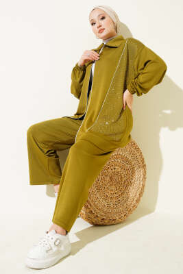 Loyşa Taşlı Fermuarlı İkili Takım Yağ Yeşili