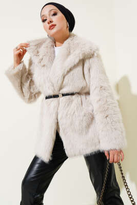 Madonna Yaka Kemerli Kürk Mont Bej - MUSTİ