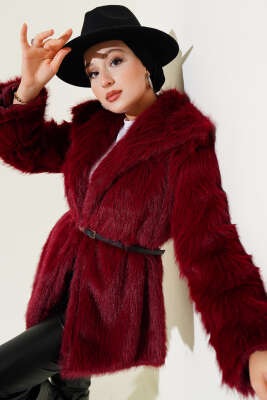 Madonna Yaka Kemerli Kürk Mont Bordo - MUSTİ