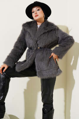 Madonna Yaka Kemerli Kürk Mont Füme - MUSTİ
