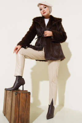 Madonna Yaka Kemerli Kürk Mont Kahve - MUSTİ