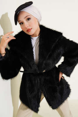 Madonna Yaka Kemerli Kürk Mont Siyah - MUSTİ