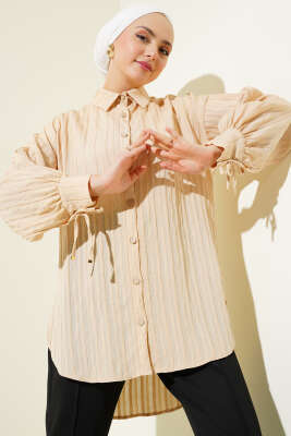 Manşet Bağcıklı Kabartma Çizgili Gömlek Bej 