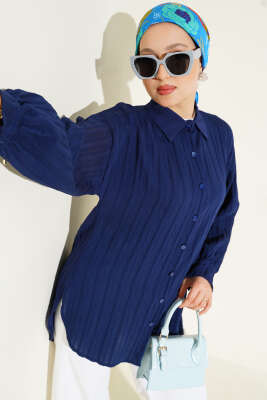 Manşet Bağcıklı Kabartma Çizgili Gömlek Lacivert 