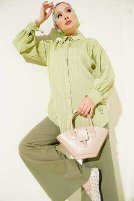 Manşet Bağcıklı Kabartma Çizgili Gömlek Su Yeşili 