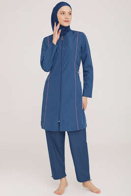 Metal Armalı Fermuarlı Tesettür Mayo Açık Lacivert - ROZAMAY