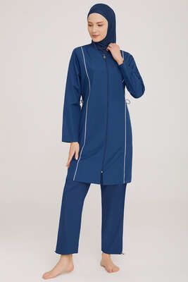 Metal Armalı Fermuarlı Tesettür Mayo Koyu Lacivert - ROZAMAY