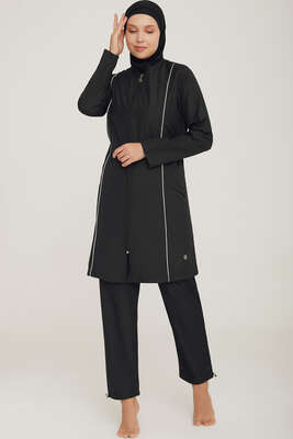 Metal Armalı Fermuarlı Tesettür Mayo Siyah - ROZAMAY