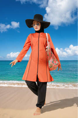 Metal Armalı Fermuarlı Tesettür Mayo Tarçın - ROZAMAY