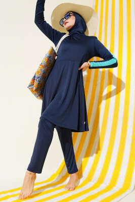 Metal Armalı Likralı Tesettür Mayo Koyu Lacivert - ROZAMAY