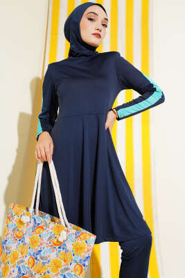 Metal Armalı Likralı Tesettür Mayo Koyu Lacivert - Tesettür Mayo