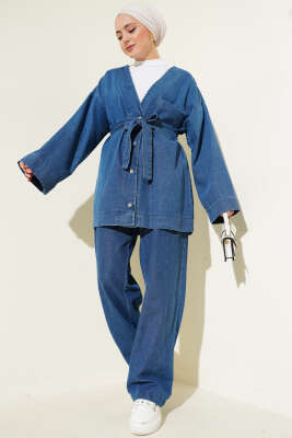 Metal Düğmeli Kuşaklı Kot İkili Takım Kot Mavisi 