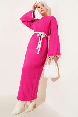 Midye Dikişli Fitilli Triko Elbise Fuşya 