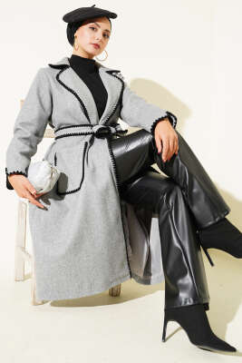 Midye Dikişli Kuşaklı Kaşe Kaban Gri 