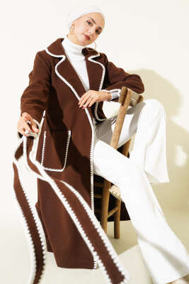 Midye Dikişli Kuşaklı Kaşe Kaban Kahve - Kaban