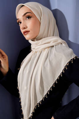 Mini Boncuk Detaylı Eşarp Bej - Başörtüsü