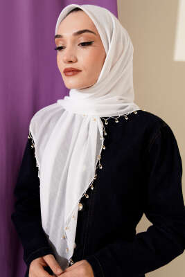 Mini Boncuk Detaylı Eşarp Beyaz 