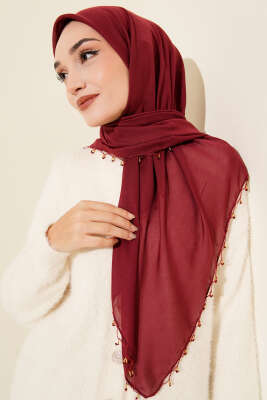 Mini Boncuk Detaylı Eşarp Bordo - Başörtüsü