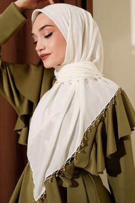 Mini Boncuk Detaylı Eşarp Ekru 