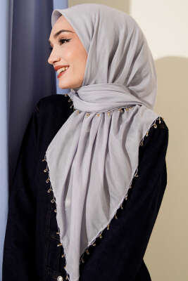 Mini Boncuk Detaylı Eşarp Gri 