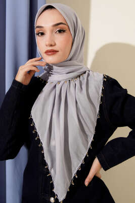 Mini Boncuk Detaylı Eşarp Gri - Başörtüsü