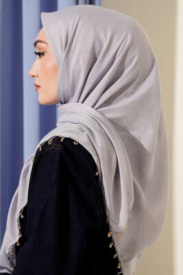 Mini Boncuk Detaylı Eşarp Gri - Başörtüsü