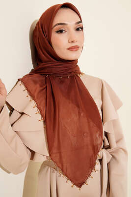 Mini Boncuk Detaylı Eşarp Kahve - Başörtüsü