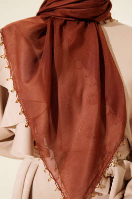 Mini Boncuk Detaylı Eşarp Kahve - Başörtüsü