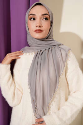 Mini Boncuk Detaylı Eşarp Kayrak Grisi - Başörtüsü