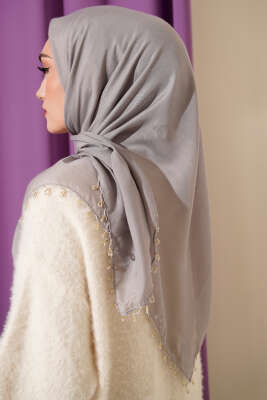 Mini Boncuk Detaylı Eşarp Kayrak Grisi - Başörtüsü