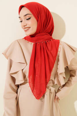 Mini Boncuk Detaylı Eşarp Kırmızı 