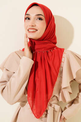 Mini Boncuk Detaylı Eşarp Kırmızı - Başörtüsü