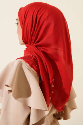 Mini Boncuk Detaylı Eşarp Kırmızı - Başörtüsü