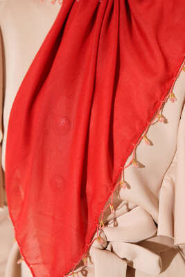 Mini Boncuk Detaylı Eşarp Kırmızı - Başörtüsü