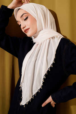 Mini Boncuk Detaylı Eşarp Krem 