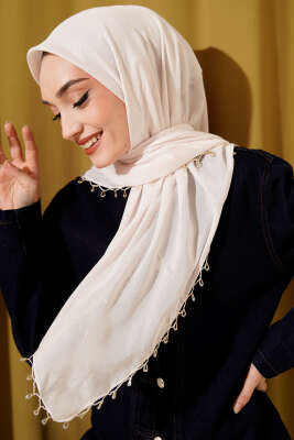 Mini Boncuk Detaylı Eşarp Krem - Başörtüsü