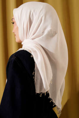 Mini Boncuk Detaylı Eşarp Krem - Başörtüsü