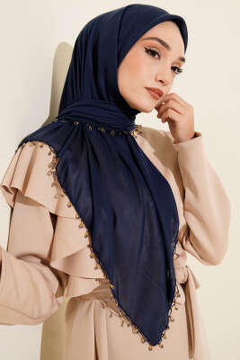 Mini Boncuk Detaylı Eşarp Lacivert 