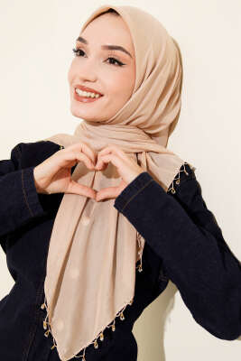 Mini Boncuk Detaylı Eşarp Latte 