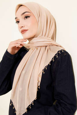 Mini Boncuk Detaylı Eşarp Latte - Başörtüsü