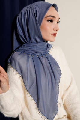 Mini Boncuk Detaylı Eşarp Mavi 