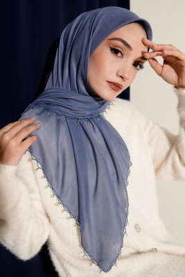Mini Boncuk Detaylı Eşarp Mavi - Başörtüsü