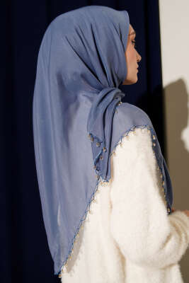 Mini Boncuk Detaylı Eşarp Mavi - Başörtüsü