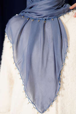 Mini Boncuk Detaylı Eşarp Mavi - Başörtüsü