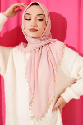 Mini Boncuk Detaylı Eşarp Pudra - Başörtüsü