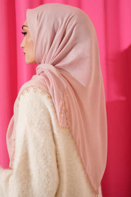 Mini Boncuk Detaylı Eşarp Pudra - Başörtüsü