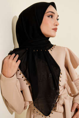 Mini Boncuk Detaylı Eşarp Siyah