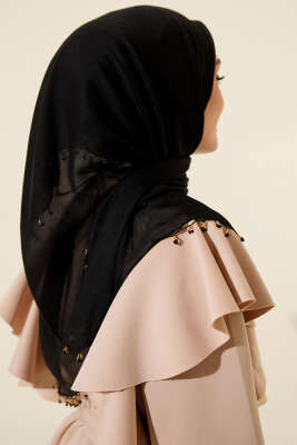 Mini Boncuk Detaylı Eşarp Siyah - Başörtüsü