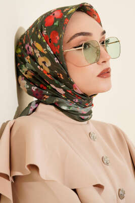 Mini Çiçek Detaylı Soft Eşarp Zümrüt